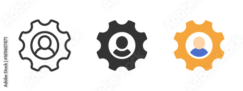 Profile settings icon. User avatar inside a gear representing account management and customization vector illustration. System preferences and admin control symbol. Interface optimization sign.