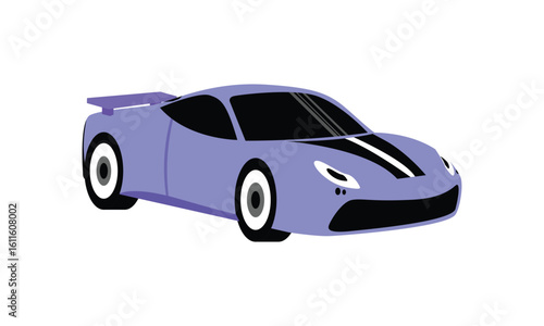 Illustration of a purple car with a black grill, visible lights, and a white windshield on display background