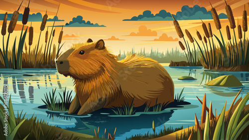 A capybara lounges in shallow water surrounded by reeds and soft afternoon light in the wetlands