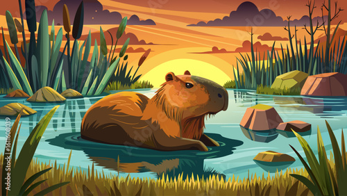 A capybara lounges in shallow water surrounded by reeds and soft afternoon light in the wetlands