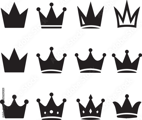 Assortment of twelve monarch crown vector icons, featuring diverse regal designs and simple black silhouettes.