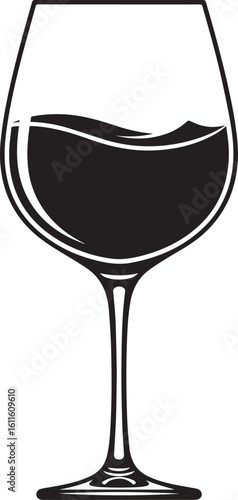 Elegant black and white graphic of a classic wine glass with a serving of dark, wavy wine.