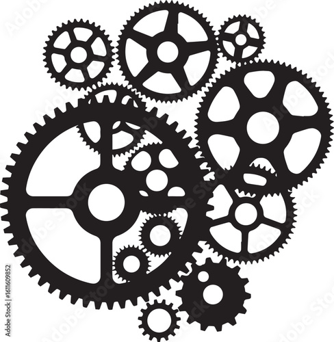 Intricate black silhouette illustration of various interlocking mechanical gears and cogs.
