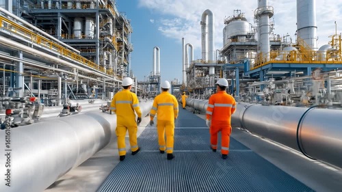 Industrial worker refinery safety teamwork engineering oil gas energy uniform helmet walk through modern refinery plant showcasing teamwork safety advanced engineering energy sector inspection