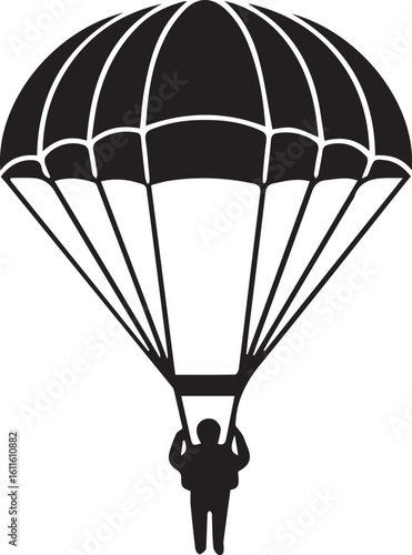 Simple black silhouette of a skydiver descending with a large, open parachute.