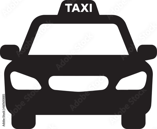 Simple black silhouette of a taxi cab with a roof sign, viewed from the front. A minimalist graphic vector icon for transportation.