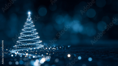 A christmas tree made of lights on a dark blue background with bokeh and a star on top shining brightly