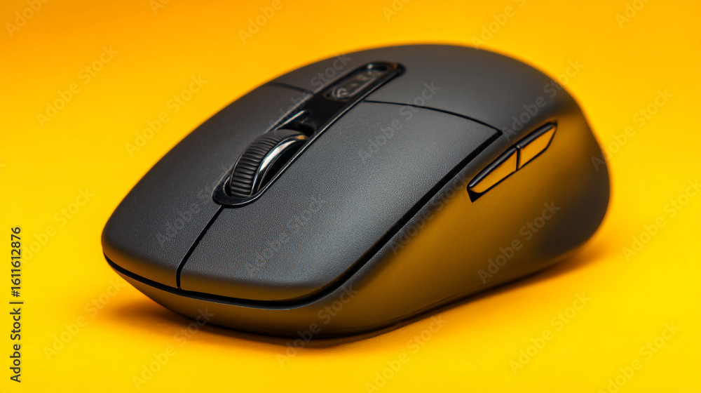 A close up shot of a sleek gray computer mouse with a scroll wheel on a vibrant yellow background A close up shot of a sleek gray computer mouse with a scroll wheel on a vibrant yellow background