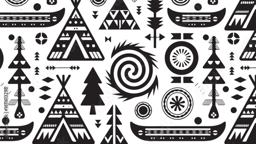 Tribal Inspired Vector Illustration with Teepees, Arrows, and Trees Pattern Art