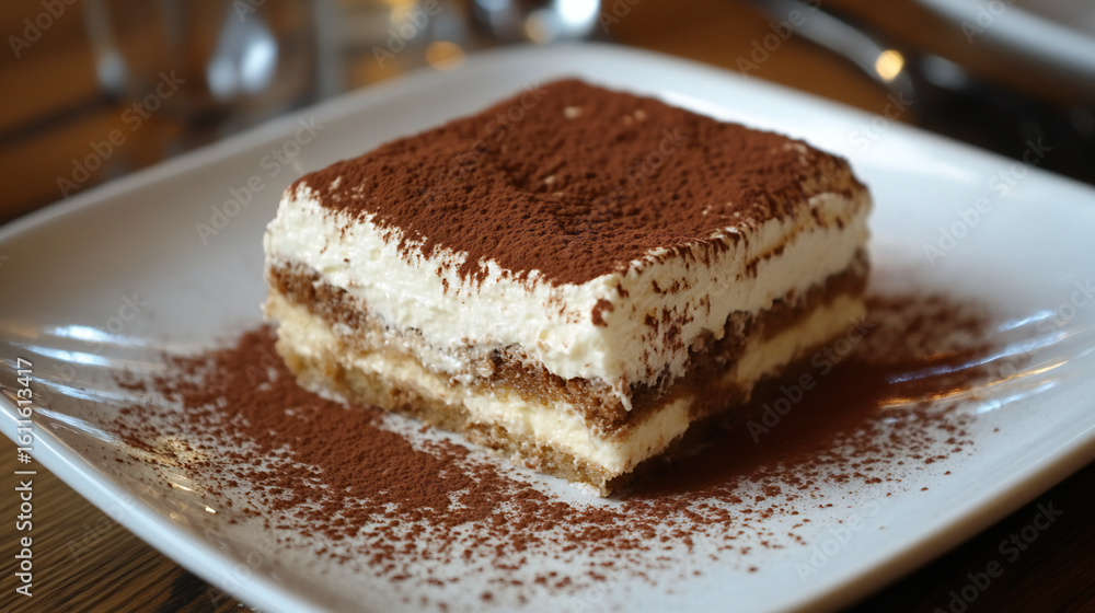 Delicious Tiramisu Dessert with Cocoa Powder on a White Plate Delicious Tiramisu Dessert with Cocoa Powder on a White Plate