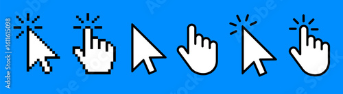 Click cursor set, arrow and hand pointer, computer cursor mouse icons