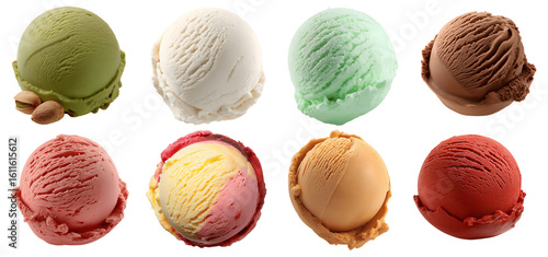 Set of various Ice cream scoops of different flavors and colors isolated on transparent background
