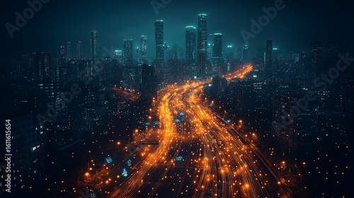 Futuristic city at night with glowing AI-driven data highway in the center.