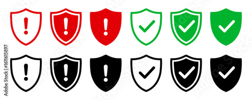 Safety shield symbols with check mark and exclamation icons, security and protection symbol