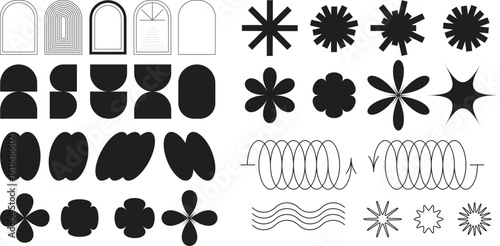 Brutalist abstract geometric shapes and grids. Brutal contemporary figure star oval spiral flower and other primitive elements. Swiss design aesthetic. Bauhaus memphis design rave element