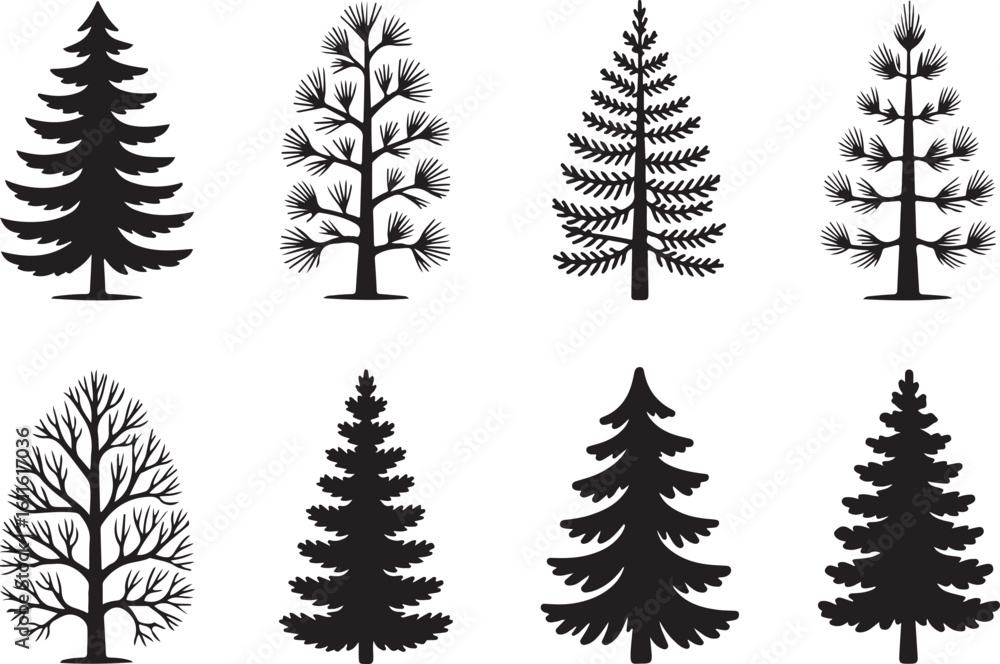 Obraz premium Vintage Forest Tree Silhouettes Pine and Fir Side Profiles, Nature Clipart CollectionVintage Forest Tree Silhouettes Pine and Fir Side Profiles, Nature Clipart Collection