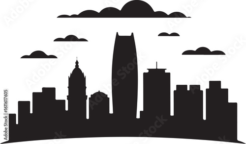 Black silhouette of Medellín skyline, includes Coltejer Building, Andean foothills, Colombian city in flat silhouette style