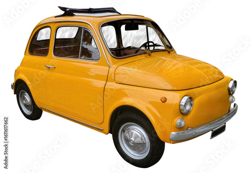 Old vintage orange microcar, isolated on transparent background.