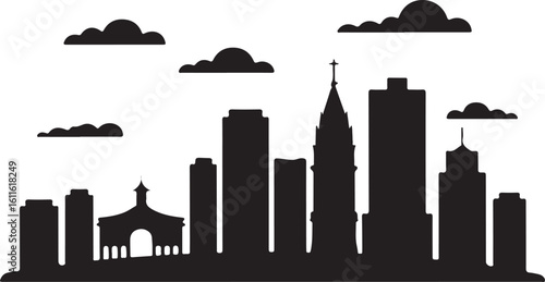 Black silhouette of Medellín skyline, includes Coltejer Building, Andean foothills, Colombian city in flat silhouette style