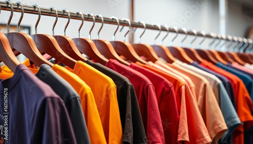 Wallpaper Mural A neatly arranged display of brightly colored T-shirts hanging on a rack, representing fashion, retail, apparel, or shopping environments, suitable for clothing stores and marketing. Torontodigital.ca