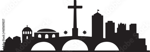 Black silhouette of Skopje skyline, includes Stone Bridge, Millennium Cross, Macedonian capital cityscape in flat design