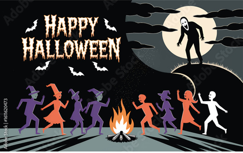 Spooky Halloween Campfire Scene with Witches and Monster Nearby