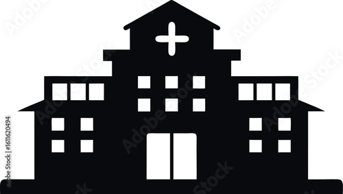 hospital building silhouette vector illustration, health care building black symbol, medical icon