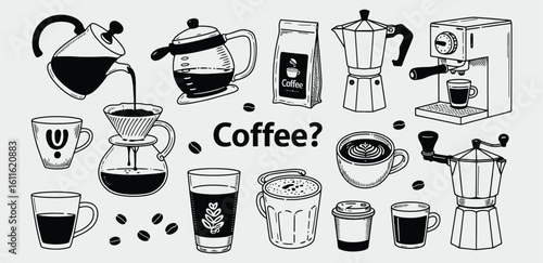 Vector art of a collection of handdrawn coffee illustrations featuring various brewing methods and cups
