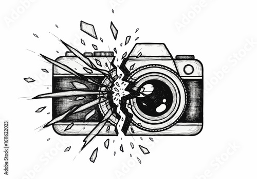 Shattered camera illustration with dramatic broken glass effect