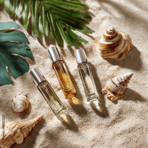 Summer Scents on Sand: Three elegant perfume bottles, each filled with a unique fragrance, are artfully arranged on a bed of pristine sand, accompanied by seashells and a lush green leaf.