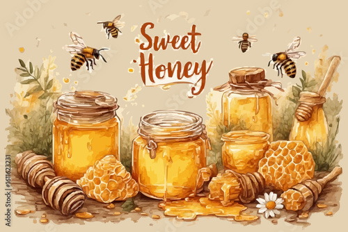 Golden natural organic honey in a glass jar, a sweet and healthy breakfast ingredient
