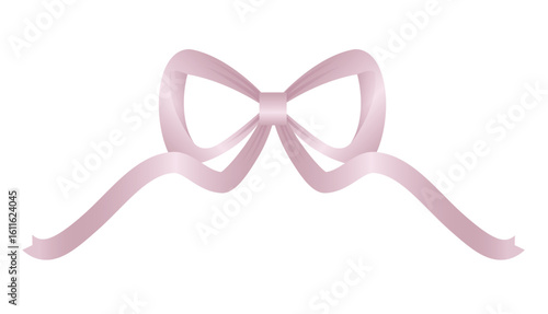 Soft pastel pink satin ribbon bow illustration, cute bow with long ends. Isolated design element for decoration.