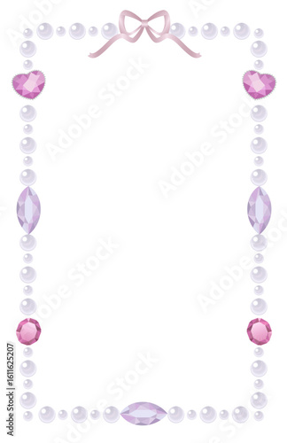 Vertical frame with white pearls, pink and violet jewels and a pastel satin bow. Decorative element for design, photo frame, notes, phone wallpaper.