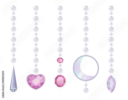 Set of white pearl pendants with hanging gemstones. Pink and violet jewels with different shapes and design, oval, heart, moon, drop.