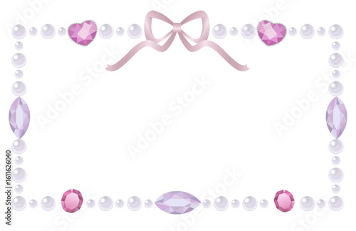 Horizontal frame with white pearls, pink and violet jewels and a pastel satin bow. Decorative element for design, banner, photo frame, notes.