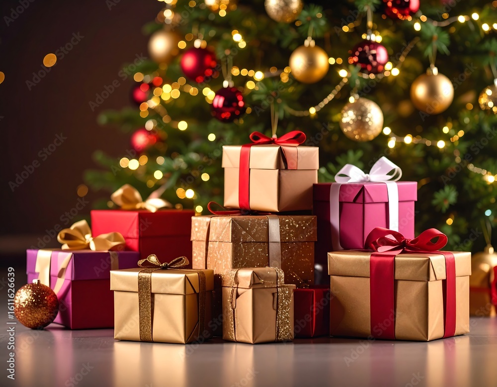 Obraz premium Christmas presents under a decorated tree