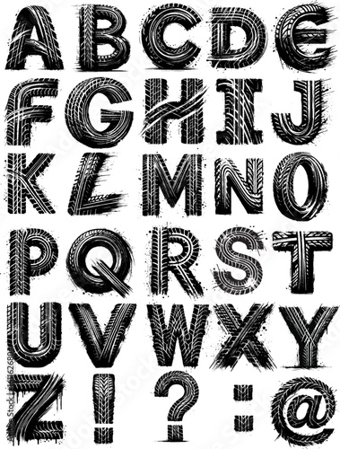 : High-contrast black alphabet letters featuring bold tire tread textures, dynamic strokes, and detailing, creating an industrial and rugged design theme for creative typography project