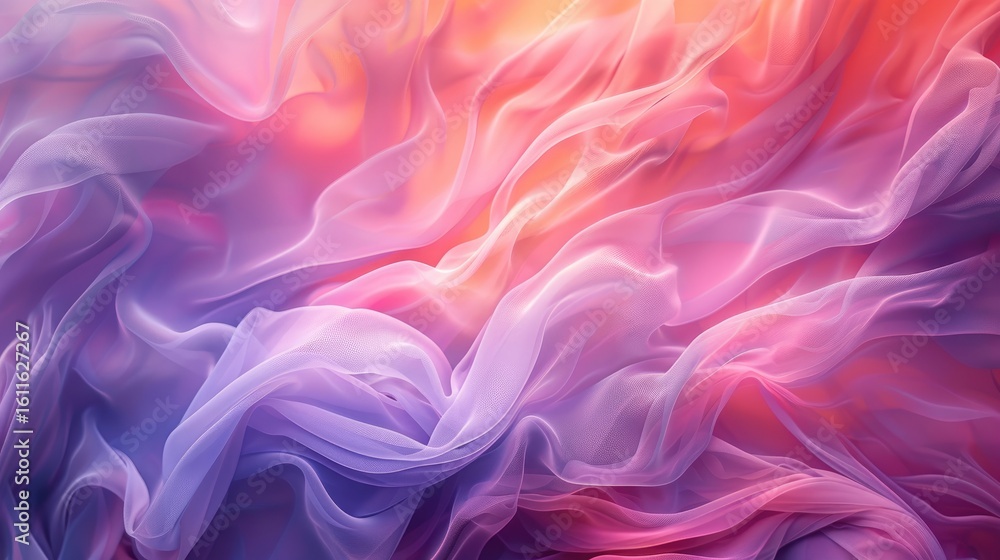Obraz premium Abstract image of flowing, translucent fabric in vibrant hues of purple, pink, and orange, creating a dreamy, ethereal effect with soft, swirling folds and gradients