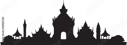 Black silhouette of Vientiane skyline, includes Patuxai Monument, temples, Lao city skyline on white background