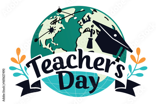 Happy Teachers Day illustration with globe and graduation caps colorful design