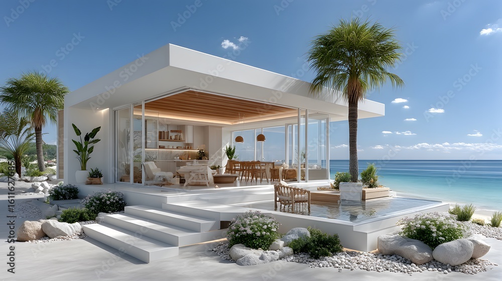 Fototapeta premium Summer beach villa with outdoor lounge high resolution photo