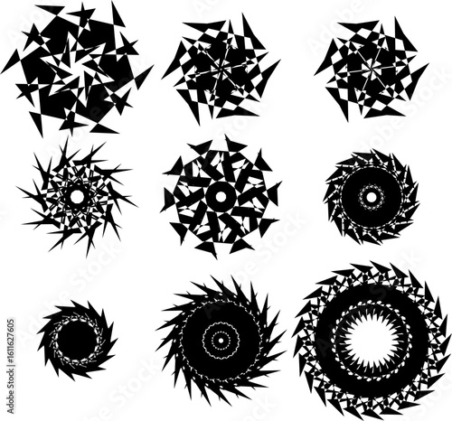 A set of nine black abstract symbols featuring complex circular patterns of sharp triangles. The designs range from chaotic, explosion-like shapes to symmetrical figures reminiscent of mandalas or gea