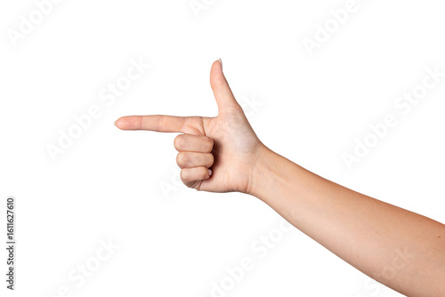 Caucasian woman's hand making pointing hand gesture, isolated on white background