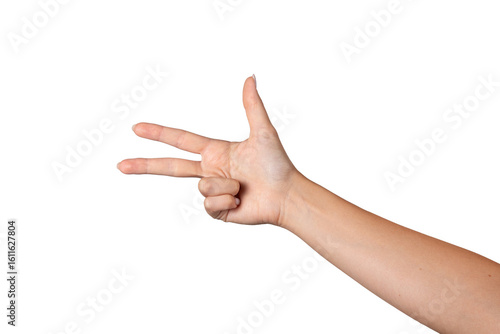 Caucasian woman's hand making hand gesture meaning number three, isolated on white background