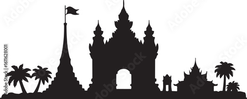 Black silhouette of Vientiane skyline, includes Patuxai Monument, temples, Lao city skyline on white background