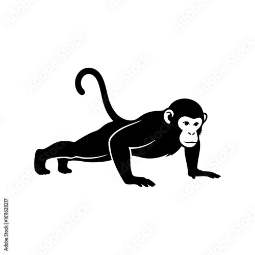 Black Monkey Silhouette Vector Push Up Exercise - Fitness Primate Animal Icon