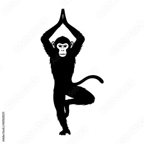 Black Monkey Silhouette Vector Yoga Tree Pose - Balanced Primate Animal Icon