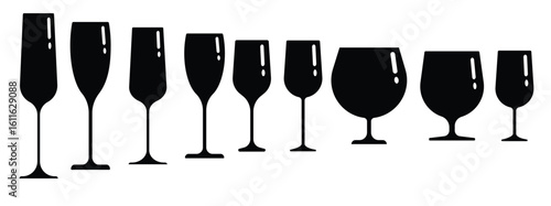 A set of black silhouettes of glasses of different shapes. Vector clip art isolate on white. Simple minimalistic illustration