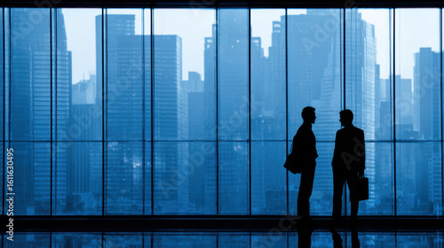 Two silhouetted business people stand discussing a deal in front of a large window overlooking a modern city skyline in an office environment with blue tones.
