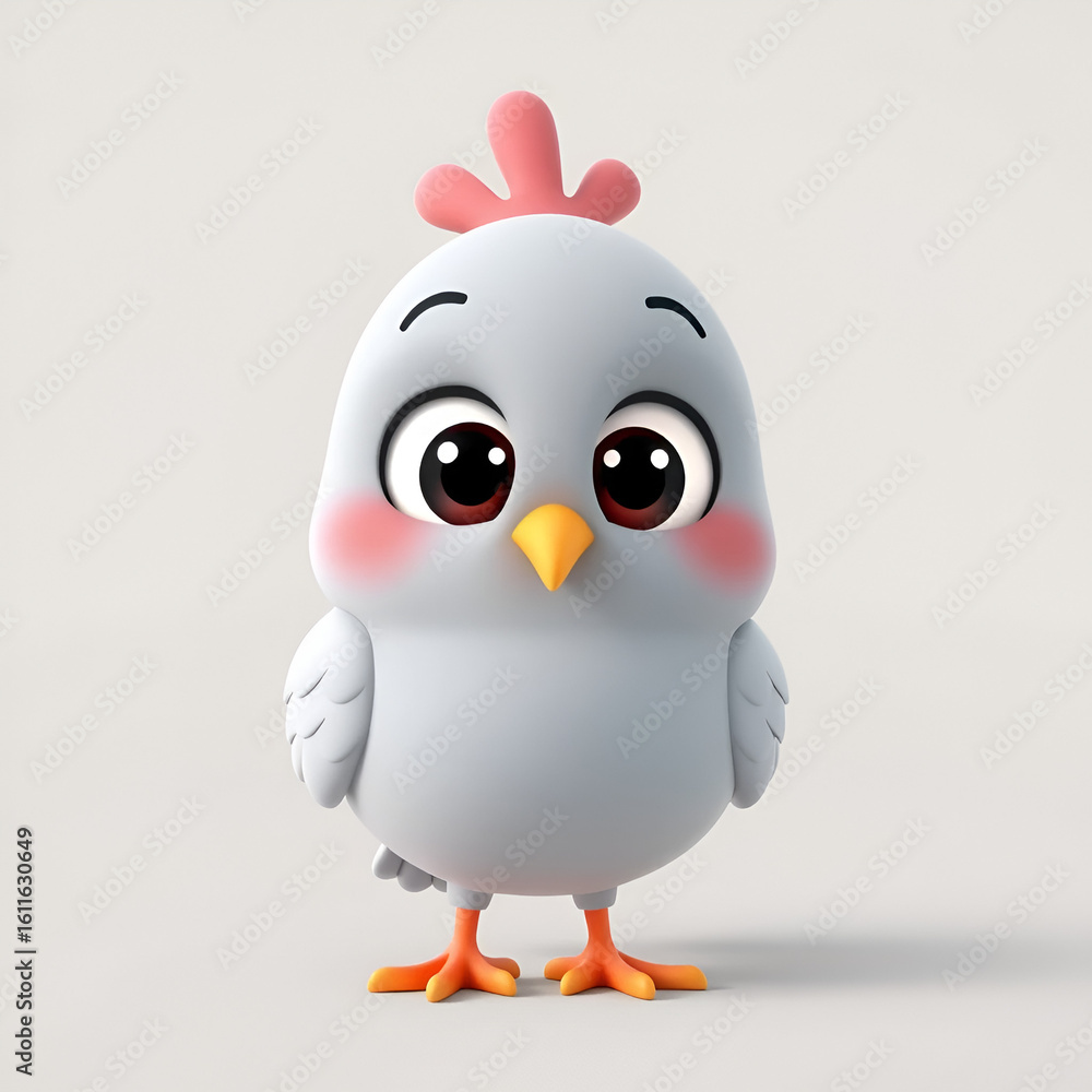 Fototapeta premium Cute 3D Cartoon Pigeon Character with Big Eyes and Round Body Design, Perfect for Animation and Children's Media